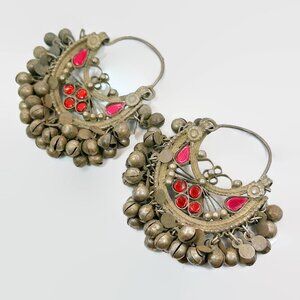 Afghan Earrings, Hoops, Kuchi, Middle Eastern, Boho, Pink, Red, Ear Weighs